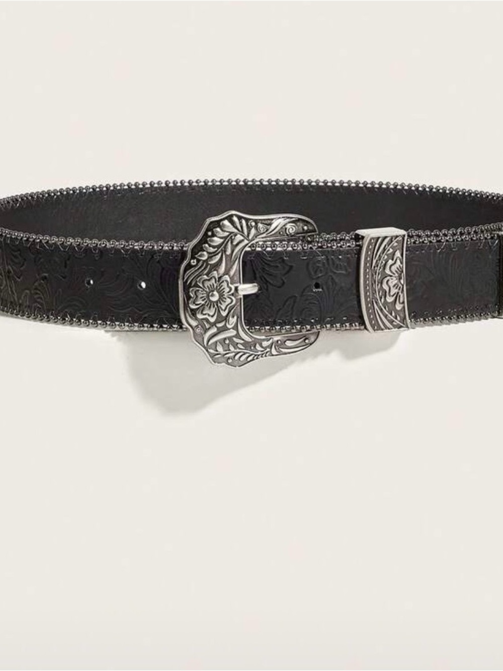 Black Western Faux Leather Belt with Floral Silver Buckle Detail